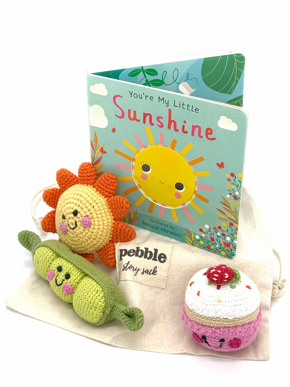 Pebble Story Sack Kids Toy Book Set with 3 Crochet Rattle Toys